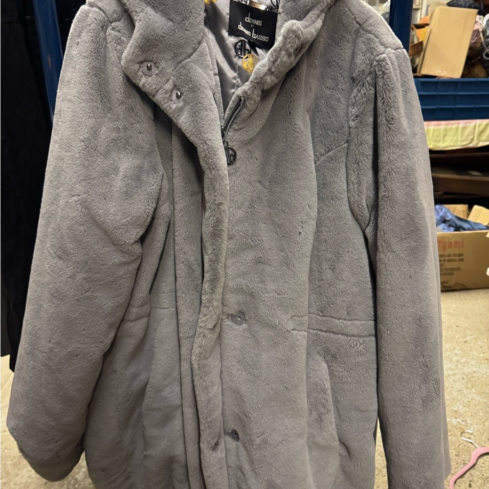 Dennis Basso Men’s Interior Silk Gray Faux Fur Coat
